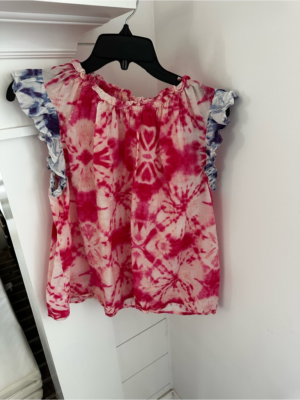 THML Pink Tie-Dye Ruffle Sleeve Blouse with Blue Accents